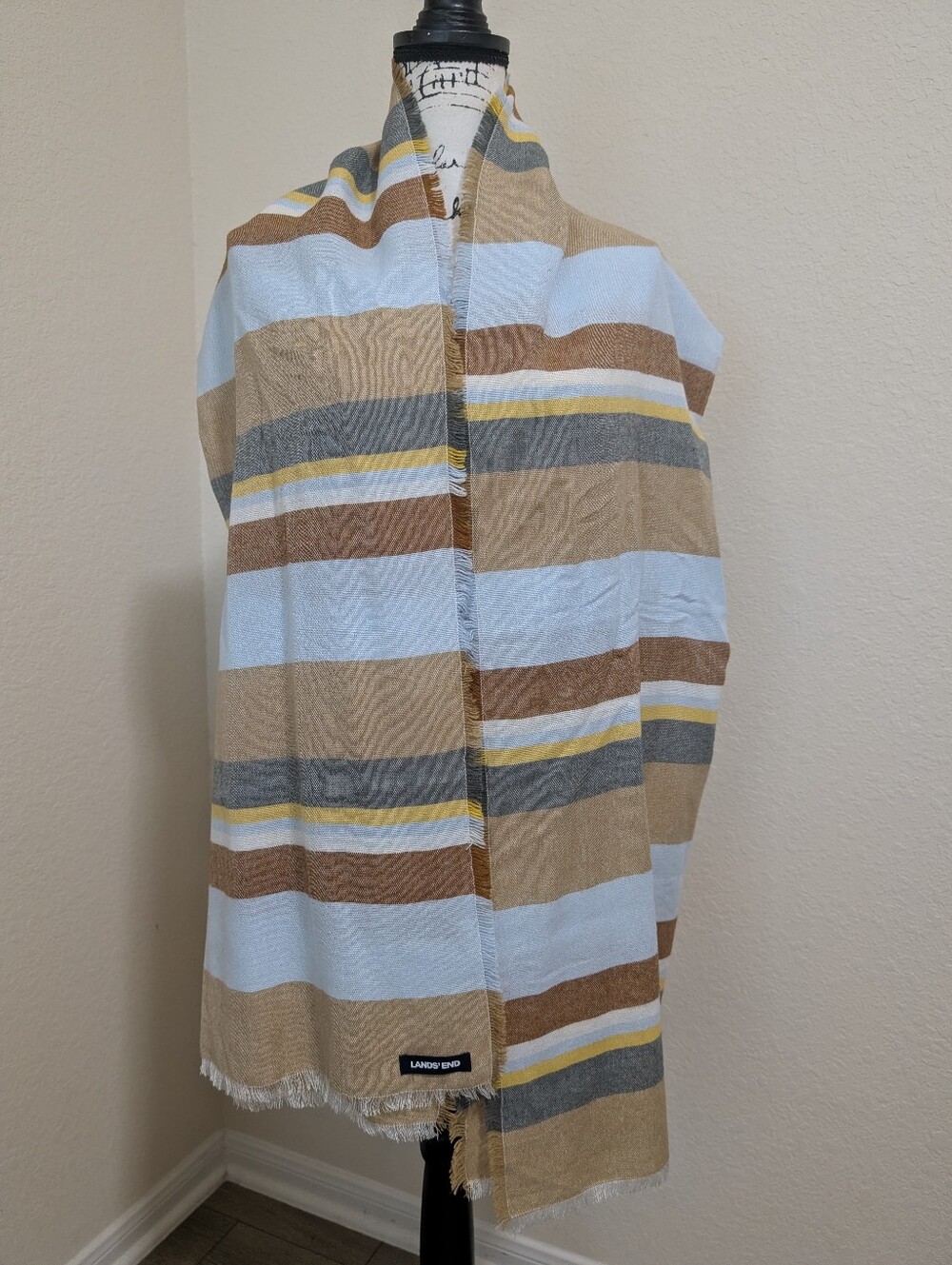 Lands' End Striped Layering Scarf Oversized Wrap Shawl Camel Blue Gray Fringe•OS